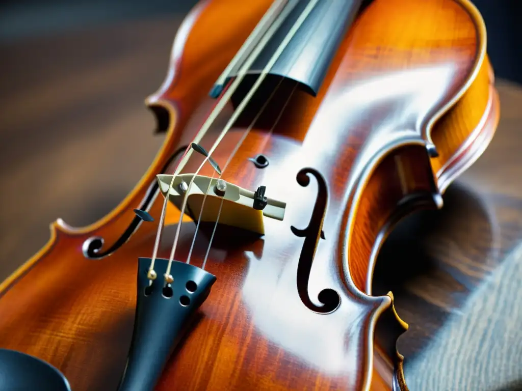 Detalle de un violín centenario, con señales de desgaste y reparación, resaltando la madera, el trabajo artesanal y la pátina envejecida