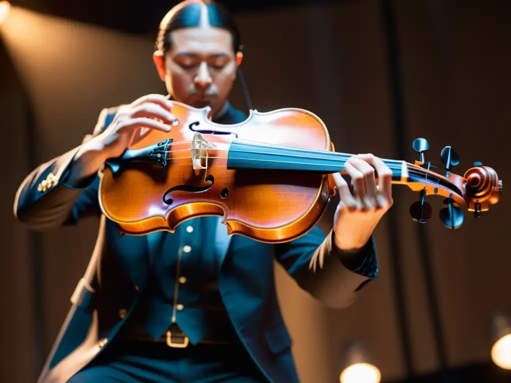 Detalle de violín clásico amplificado en escenario, fusionando la tradición acústica con la tecnología moderna