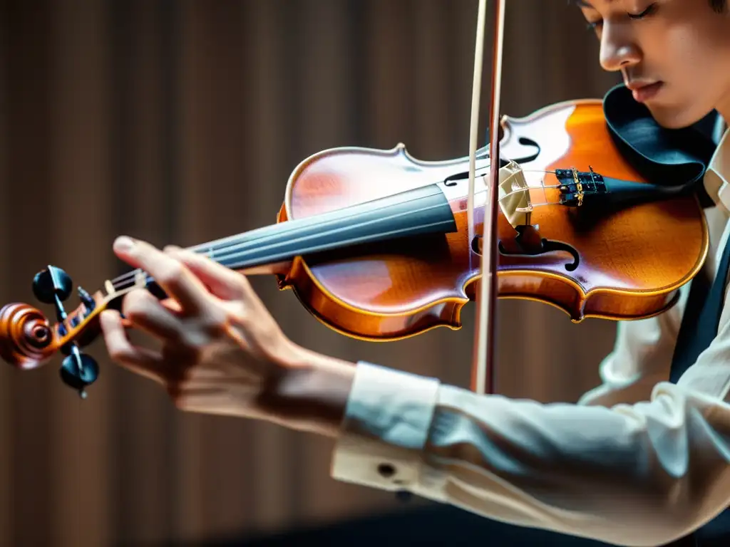 Detalle de violín clásico siendo tocado, resaltando la percepción psicoacústica de instrumentos musicales