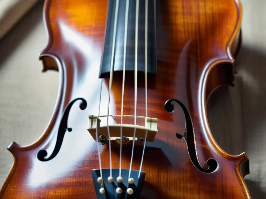 Detalle de un violín mostrando el desgaste natural en sus cuerdas y madera