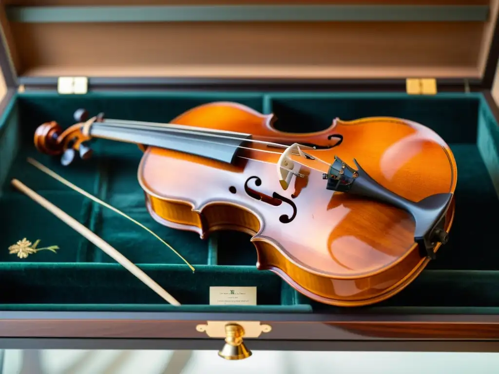 Detalle de un violín guardado en una vitrina climatizada, resaltando la importancia de la conservación ambiental de instrumentos musicales