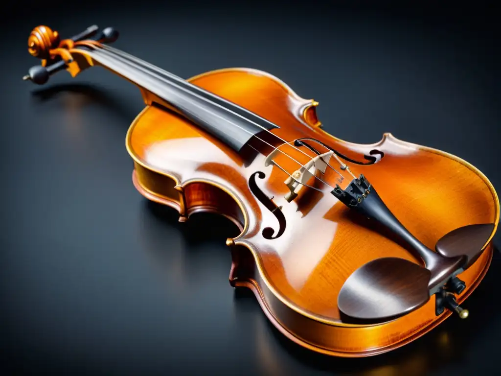 Detalle asombroso de violín del siglo XVII: historia y artesanía Detalle de un violín del siglo XVII, resaltando la belleza del grano de madera y la pátina en tonos dorados