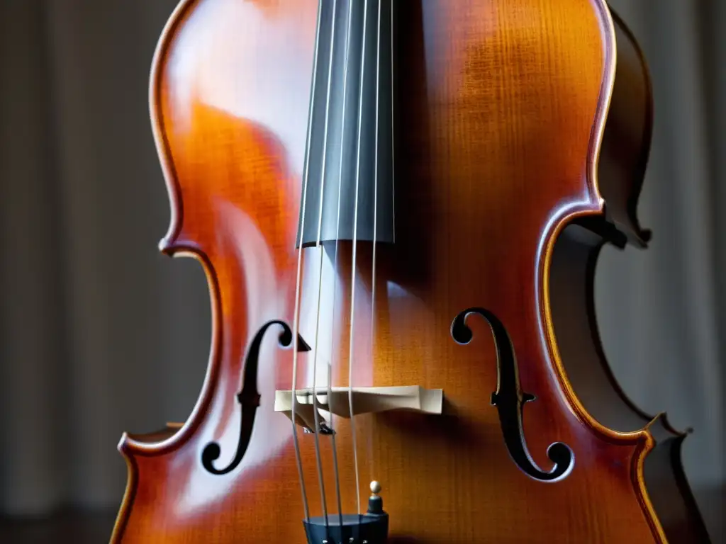 Detalle de un violonchelo con técnica de sordina en instrumentos de cuerda, resaltando la intimidad y la delicadeza de la música