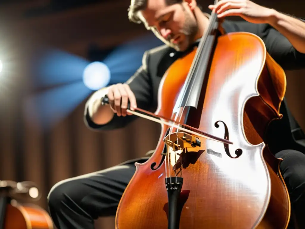 Detalle de un violonchelo vintage amplificado en escenario, fusionando lo clásico con la amplificación moderna para un impacto cultural único