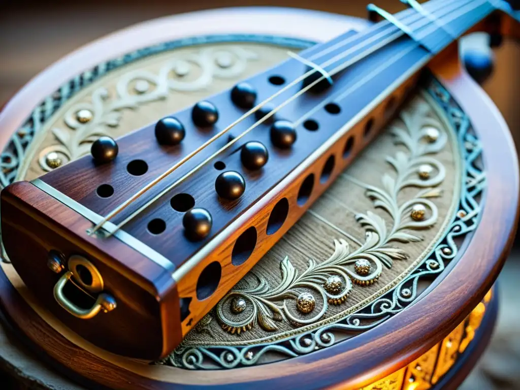 Detalle de una zanfona medieval con elaborados adornos de madera y metal