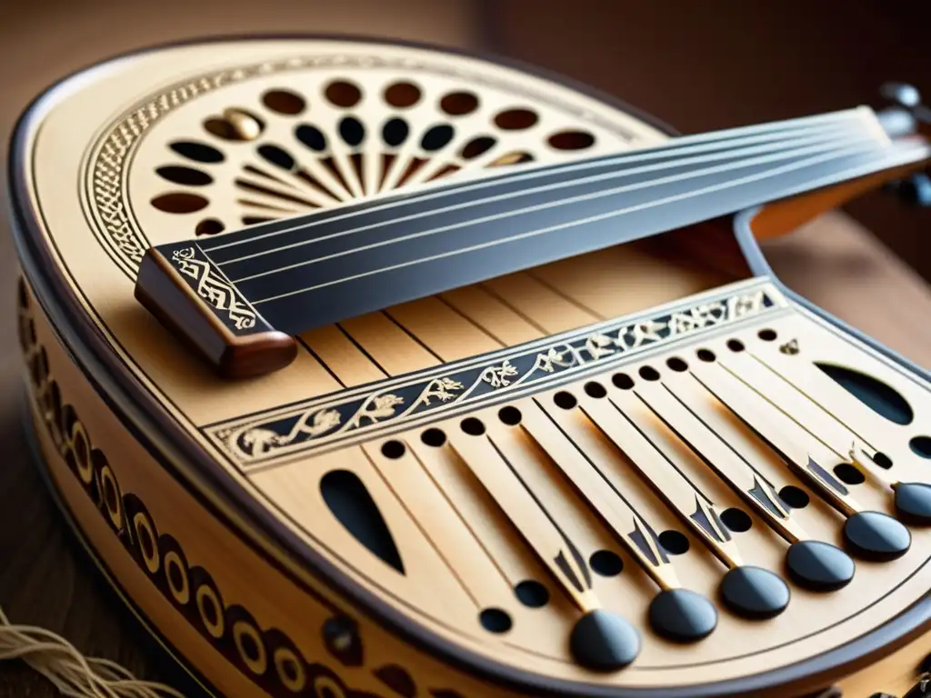 Detalle de la zither alpina tradicional con hermoso tallado en madera y cuerdas delicadas, reflejando su origen y evolución cultural