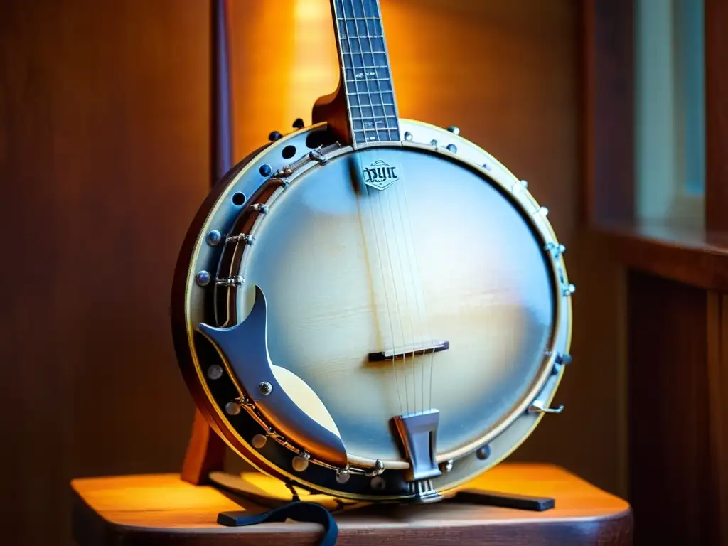 Detalles en alta definición de un banjo envejecido reposando en un taburete de madera, las cuerdas metálicas reflejan la cálida luz del escenario