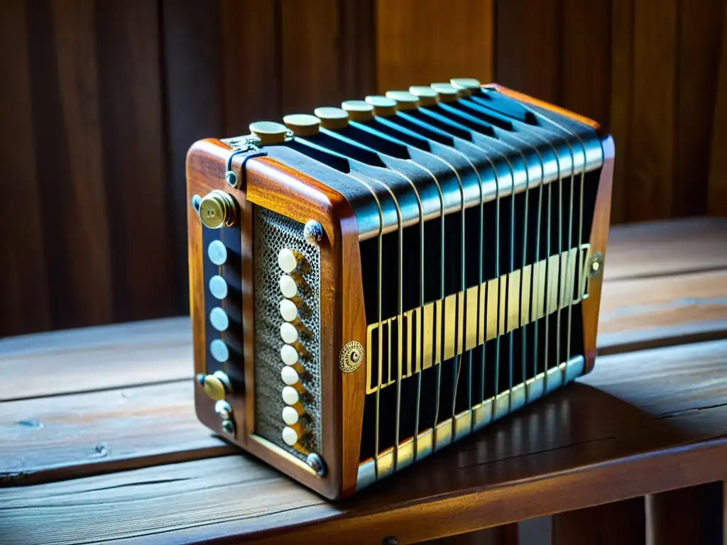 Detalles del antiguo bandoneón en una mesa de madera, mostrando el declive del bandoneón en Argentina con su rica historia y significado cultural