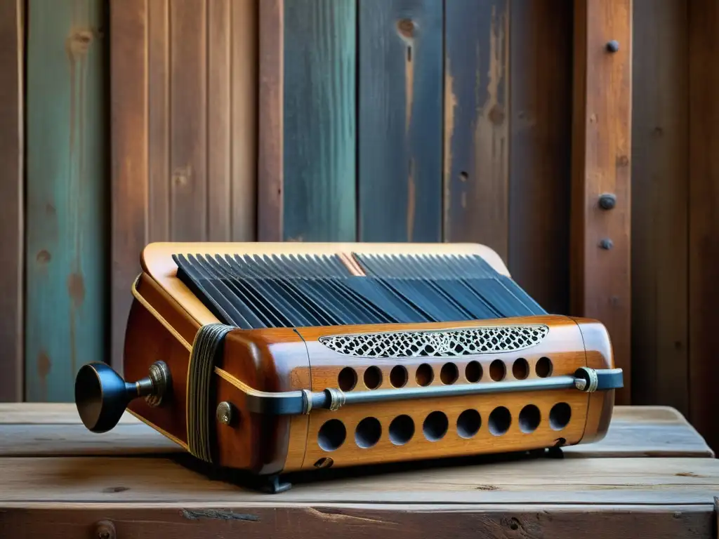 Detalles de un antiguo instrumento musical de madera desgastada en un taller rústico, evocando la preservación de instrumentos musicales tradicionales