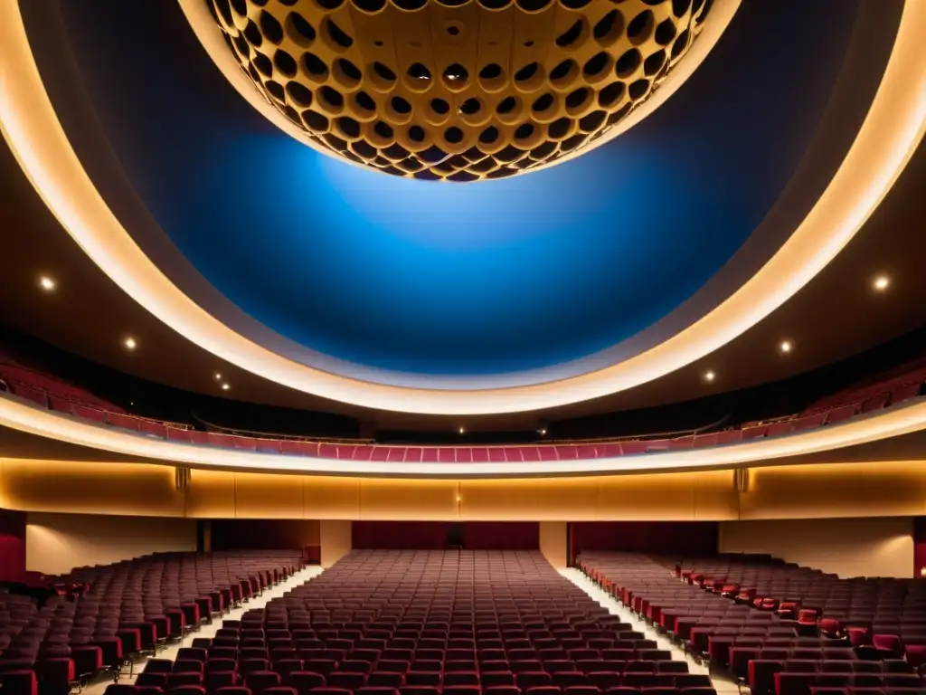 Detalles arquitectónicos de un majestuoso auditorio vacío, resaltando la importancia del silencio en acústica