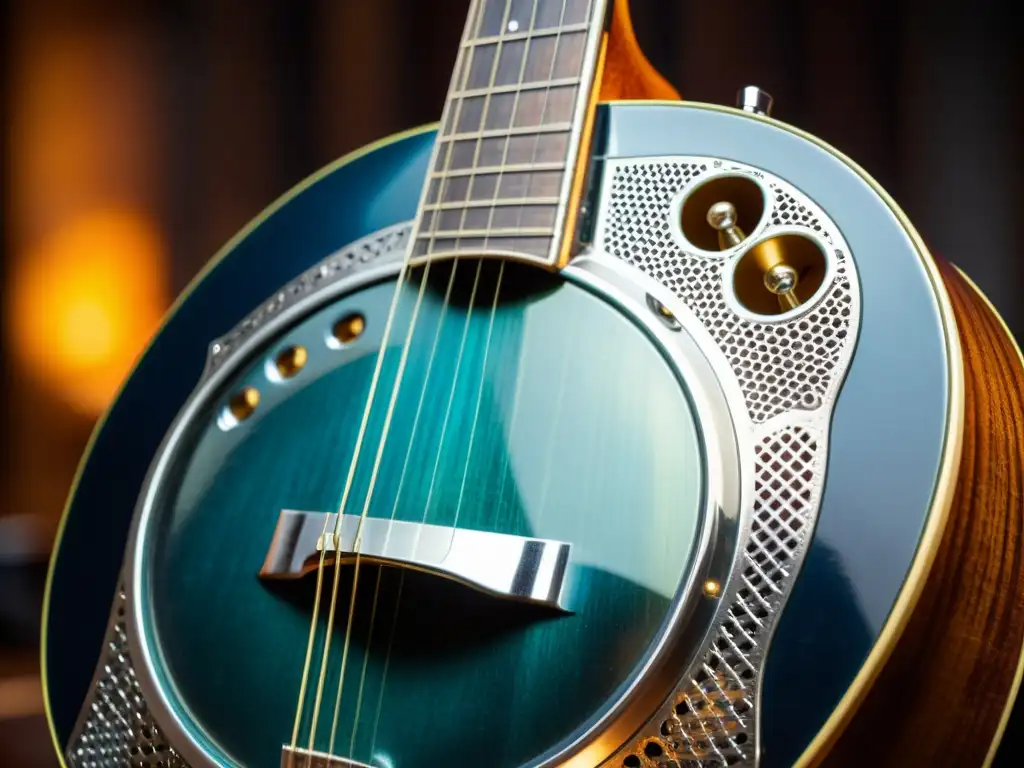 Detalles de una caja de resonancia en el Blues acústico, resaltando la historia y texturas en madera y metal