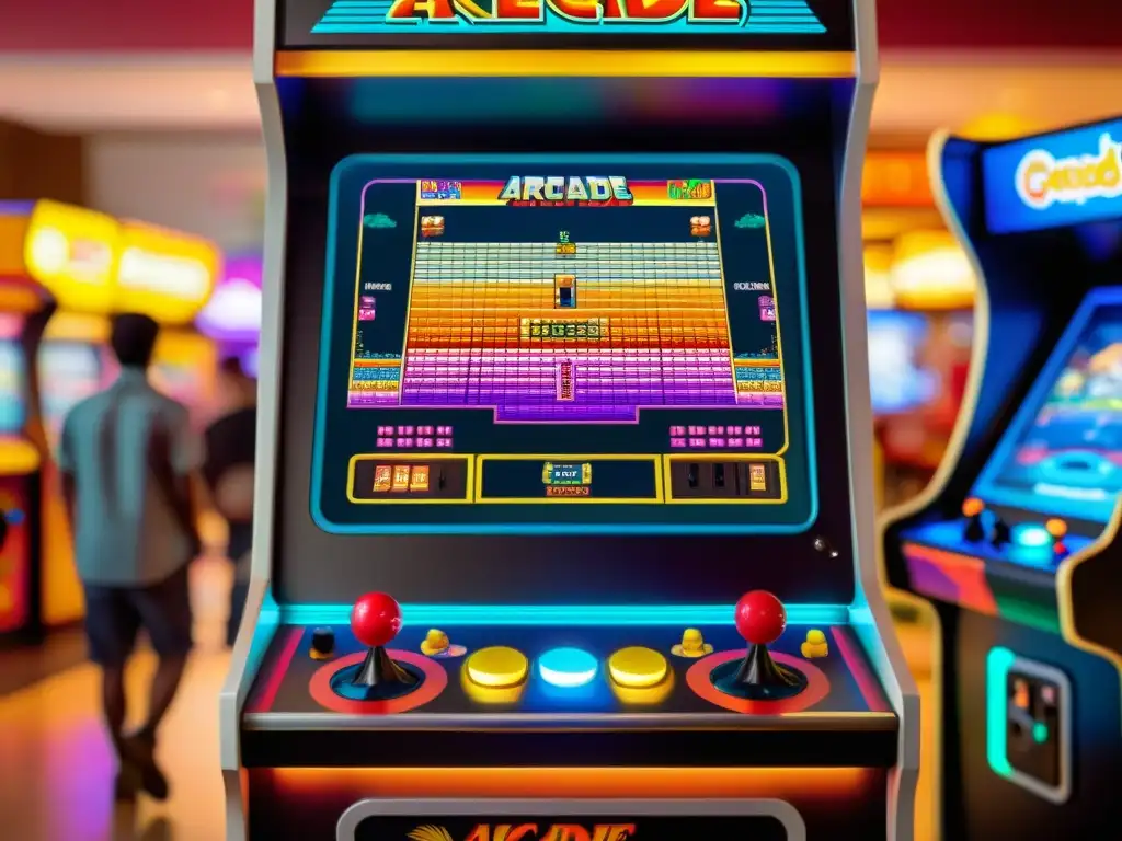 Detalles coloridos de un gabinete de arcade vintage con pantalla pixelada y controles