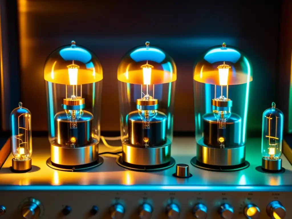 Detalles del desarrollo del amplificador musical: Tubos de vacío vintage brillando en un amplificador antiguo, con cálida luz ambiental