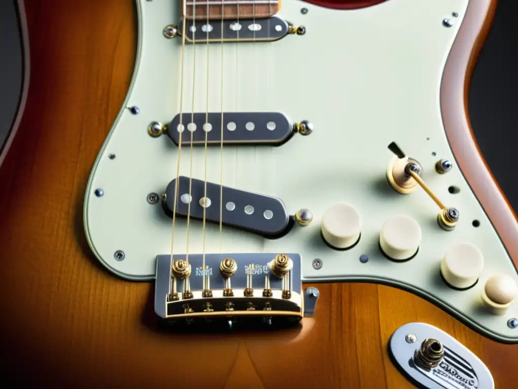 Una Fender Stratocaster, con detalles desgastados y cuerdas brillantes, evoca su rica historia y potencial sonoro