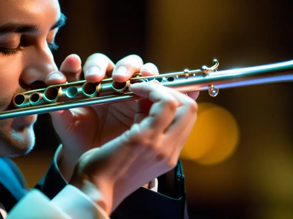 Detalles de la ejecución staccato en flauta, mostrando precisión y dedicación en las técnicas de ejecución de instrumentos de viento