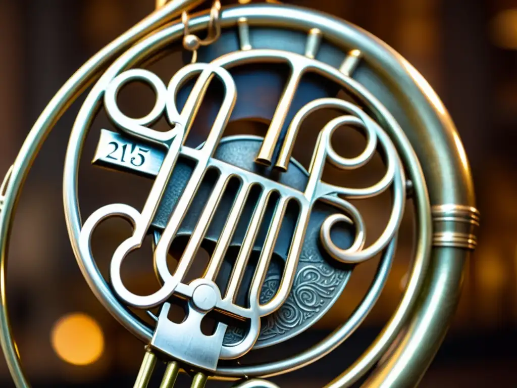 Detalles envejecidos del cuerno francés concierto resaltan su rica historia y artesanía, iluminados por cálida luz