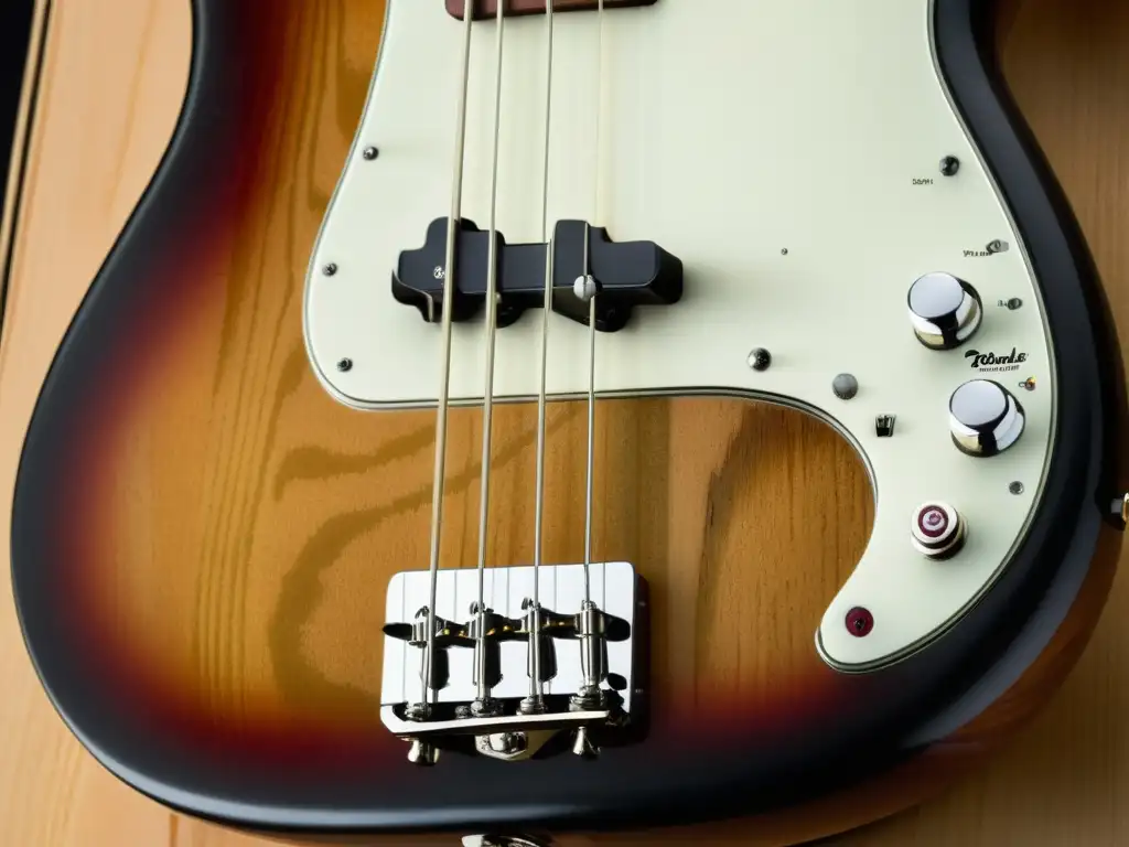 Detalles envejecidos de un Fender Precision Bass evocan la evolución del bajo eléctrico en música