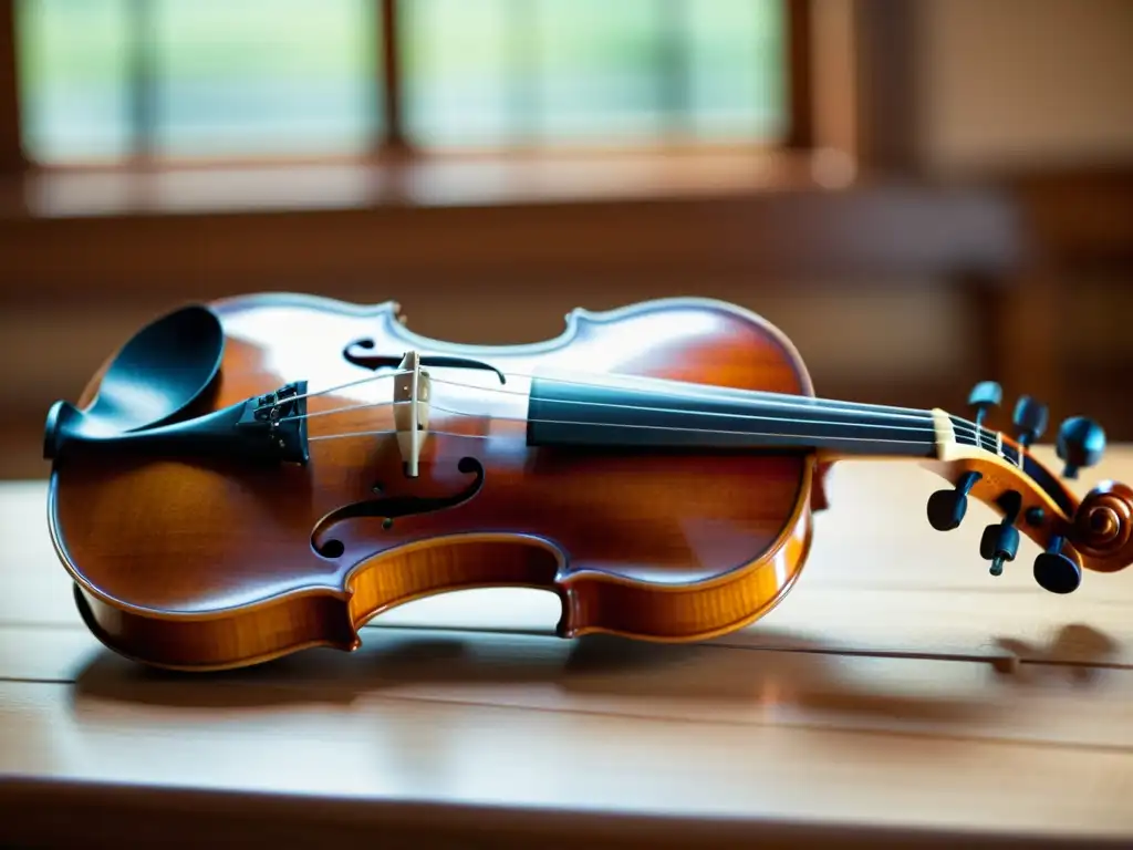 Detalles finos de un violín sobre mesa de madera, iluminado por luz natural