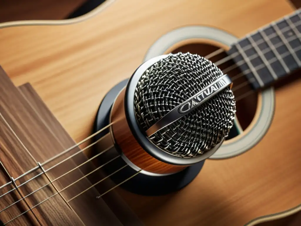 Detalles de una guitarra acústica y un micrófono en un entorno natural, transmitiendo la esencia de la grabación de campo de instrumentos