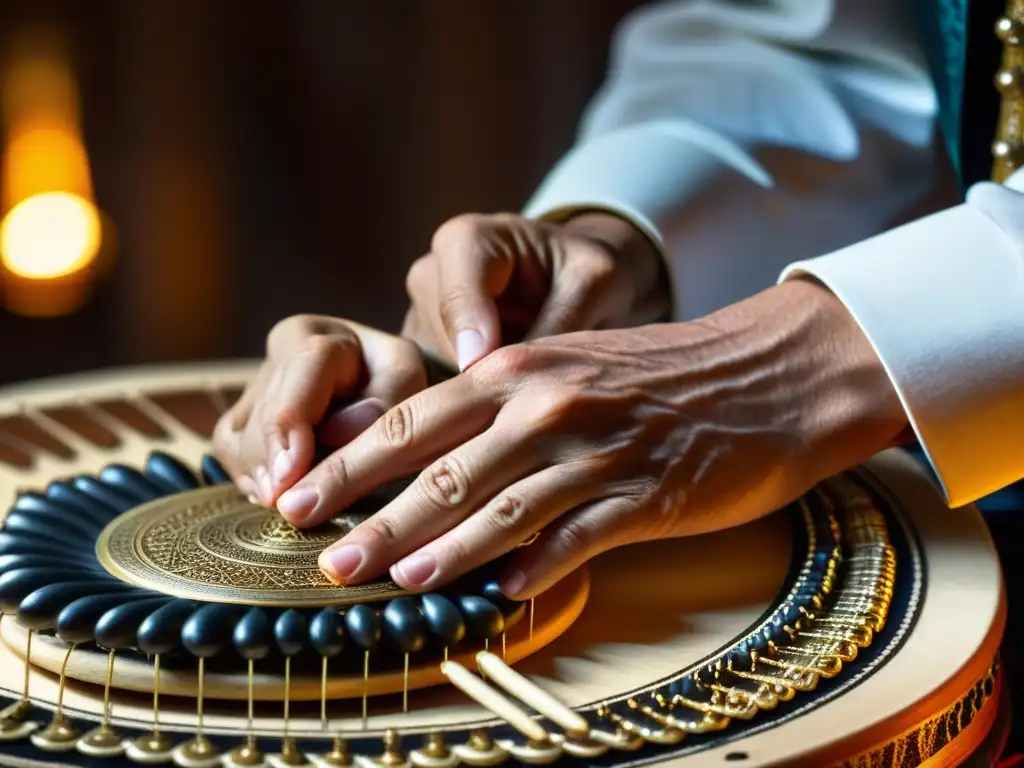 Detalles de las hábiles manos de un músico tocando el domra ruso, resaltando la historia y destreza del instrumento