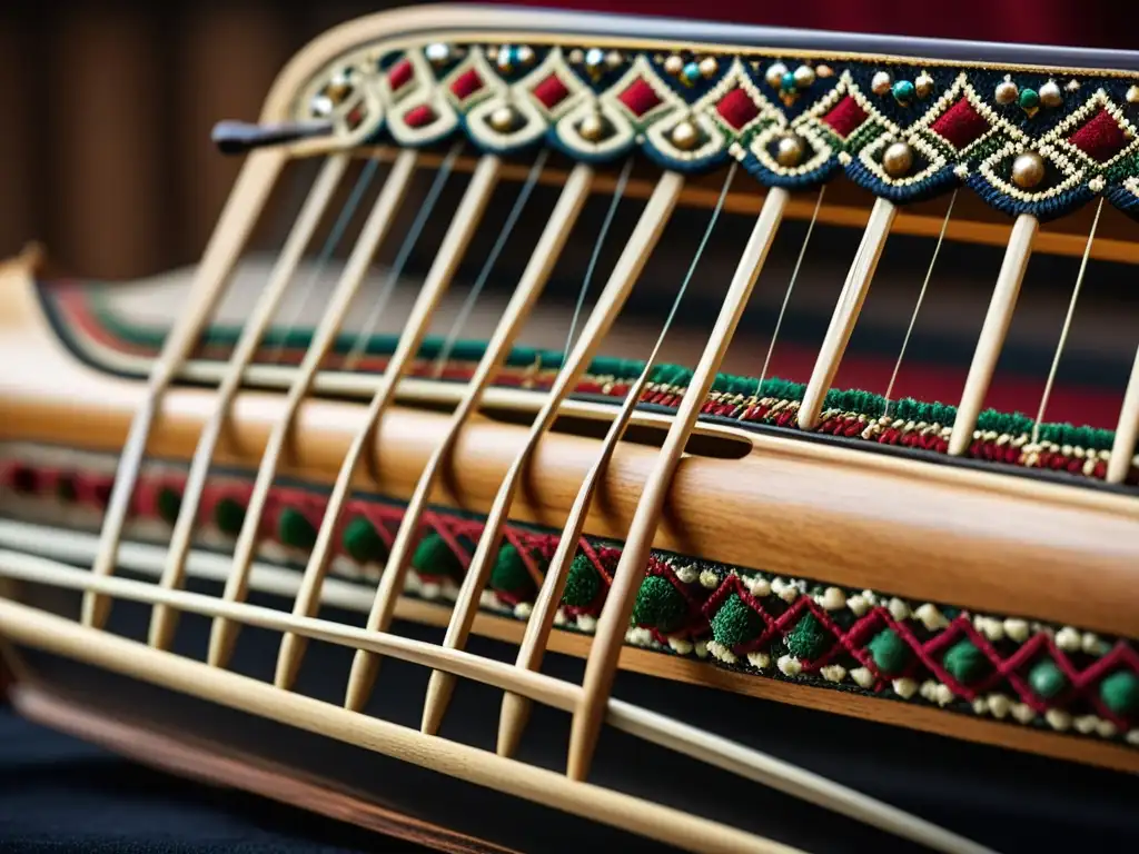 Detalles impresionantes del santur persa, instrumento de música sufí, con cuerdas y madera envejecida