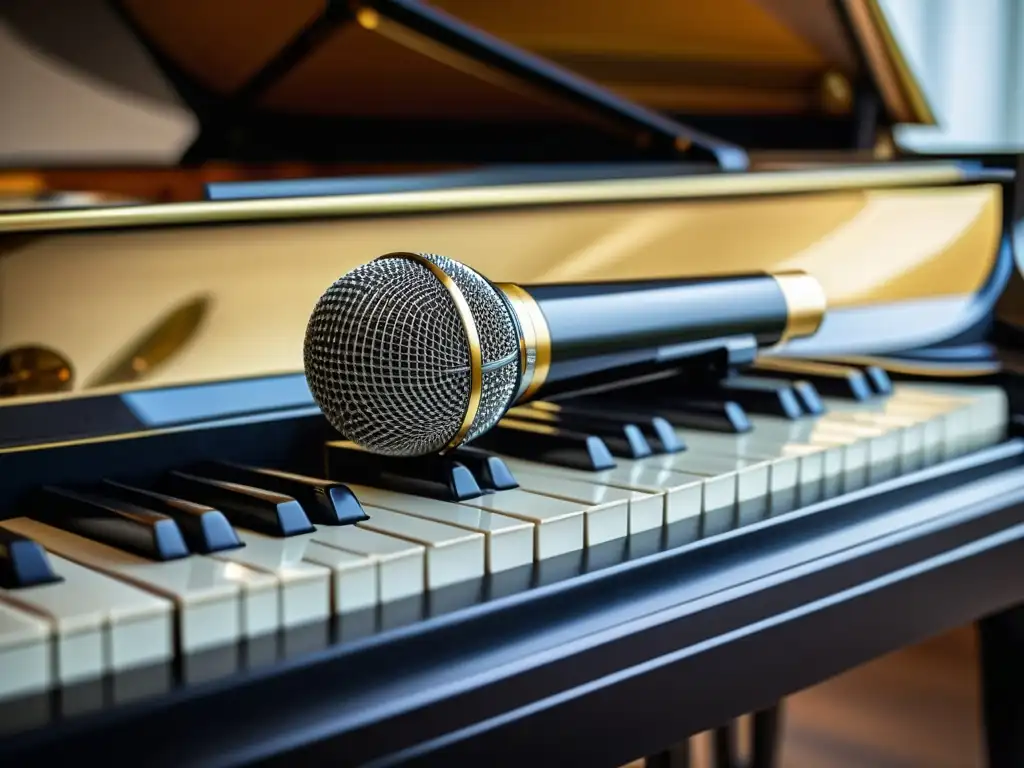 Detalles íntimos de un micrófono oculto en un piano de cola, capturando la esencia de las técnicas de grabación discreta de instrumentos musicales