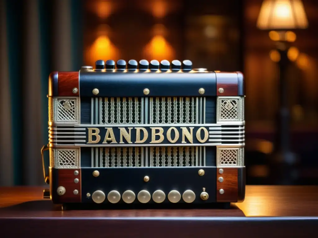 Detalles intrincados del bandoneón vintage en un club de tango en Buenos Aires, iluminado por una cálida luz ambiental