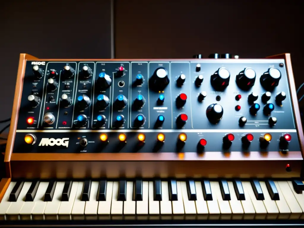 Un Moog vintage con detalles intrincados y una iluminación cálida que resalta su diseño retrofuturista