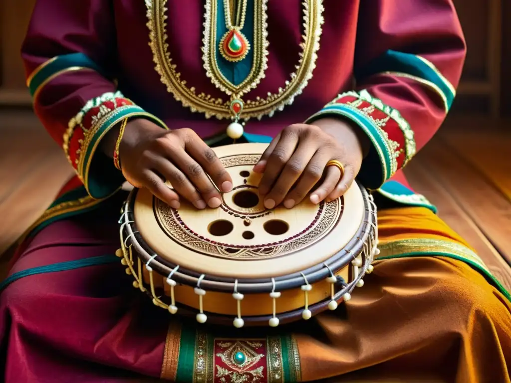 Detalles intrincados y colorido sonido tumbi punjabi música bhangra, en una habitación tenue