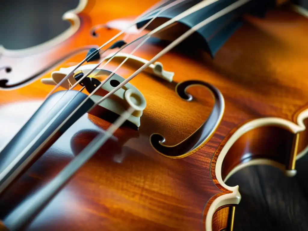 Detalles intrincados del cuerpo de un violín barroco, resaltando la artesanía y diferencia con el violín moderno