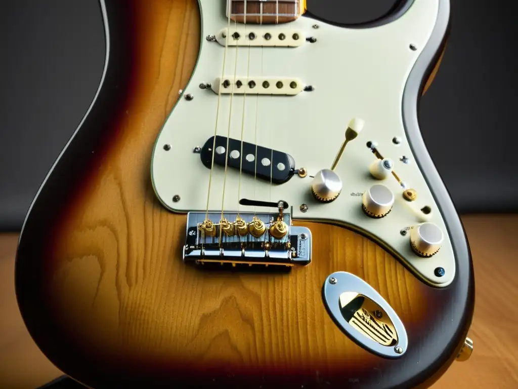 Detalles intrincados de una guitarra eléctrica Fender Stratocaster vintage, mostrando su historia y evolución