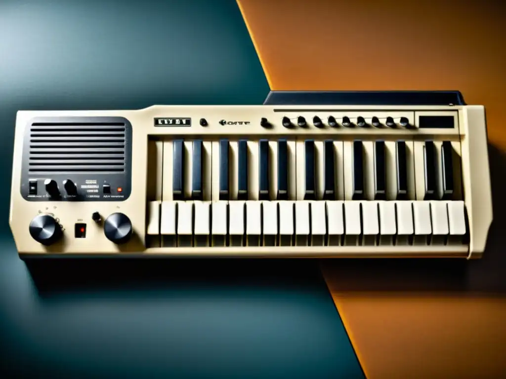 Detalles intrincados de un keytar vintage de los 80, con desgaste que cuenta la historia y evolución del instrumento