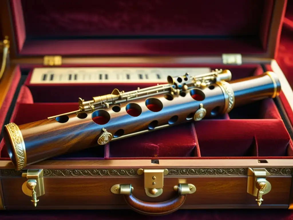 Detalles intrincados de oboe y fagot barrocos en estuche de terciopelo, destacando ornamentación y calidez de la madera