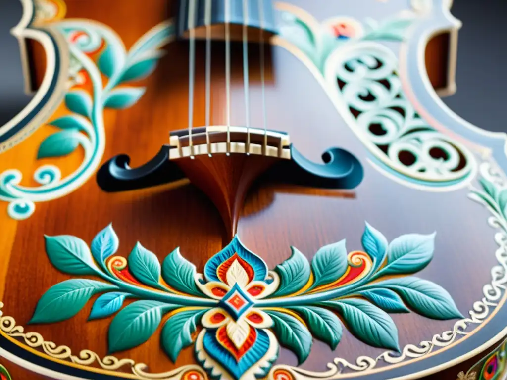 Detalles intrincados y ricos de un Hardanger Fiddle, evocando la historia y sonido del instrumento noruego