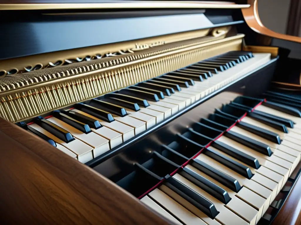 Detalles intrincados del teclado de un gran piano, con historia y artesanía, técnicas legato staccato piano