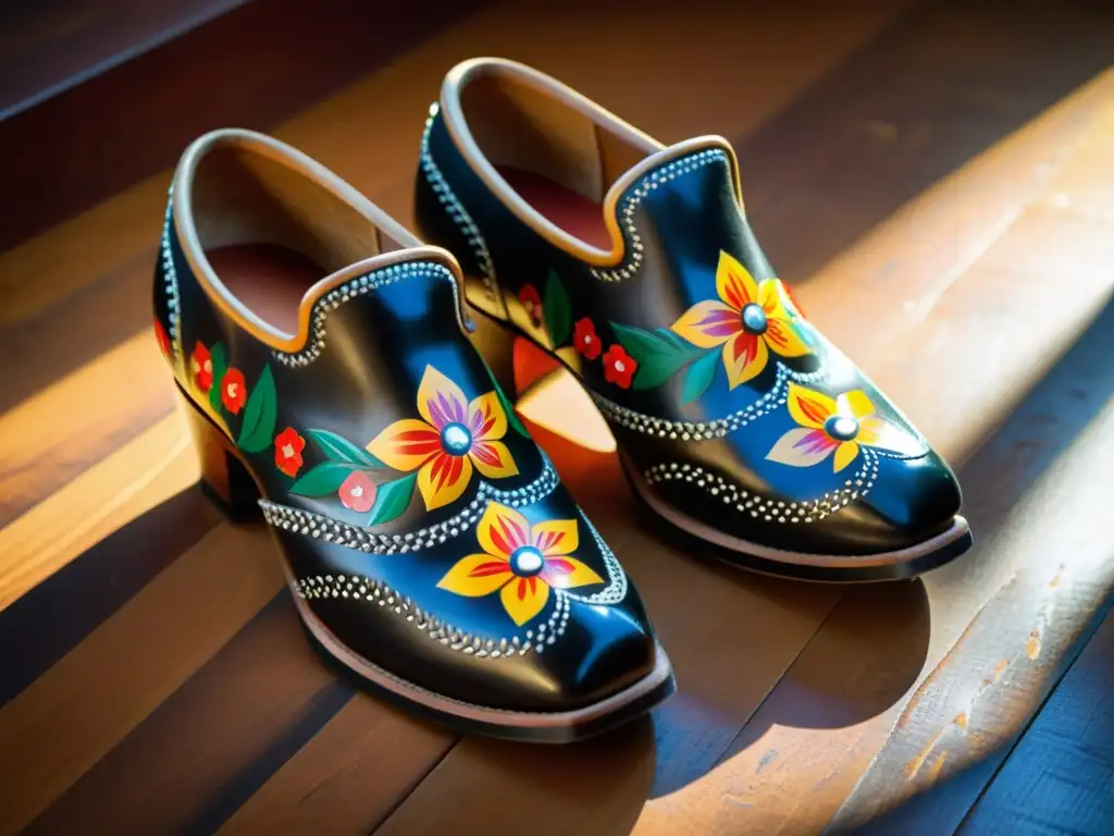 Detalles intrincados de zapatos zapateados tradicionales utilizados en el baile son jarocho, con patrones florales y geométricos