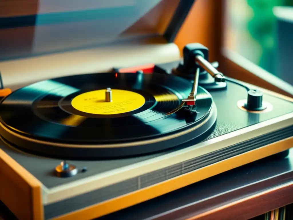 Detalles nítidos de un tocadiscos vintage con un vinilo girando, rodeado de estanterías llenas de discos de vinilo