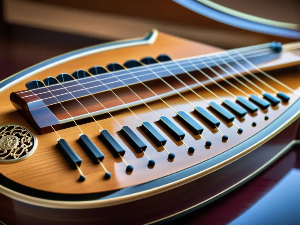 Detalles profundos del guzheng chino resaltando la historia y la artesanía, con madera tallada y cuerdas delicadas