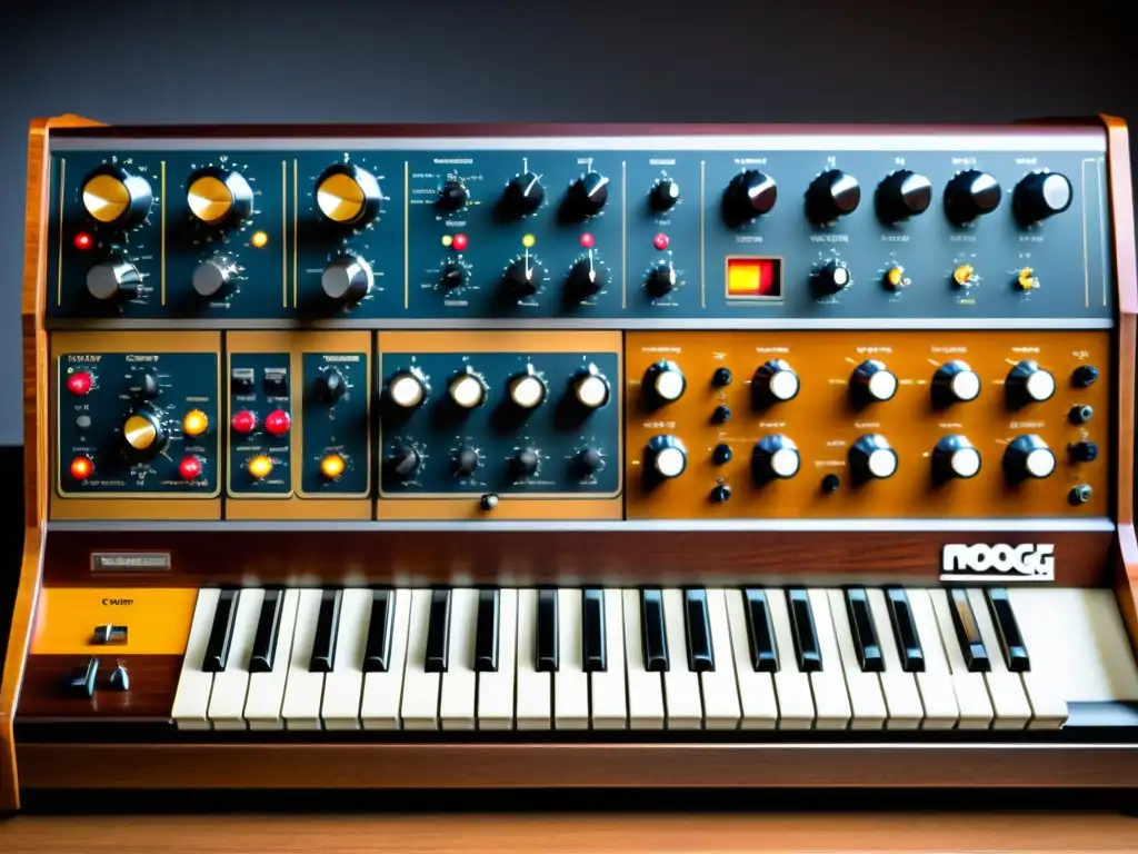 Detalles de un sintetizador Moog vintage, con sus icónicos controles y componentes analógicos