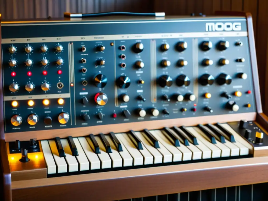 Detalles de un sintetizador Moog vintage, con sus intrincados controles y cables de conexión