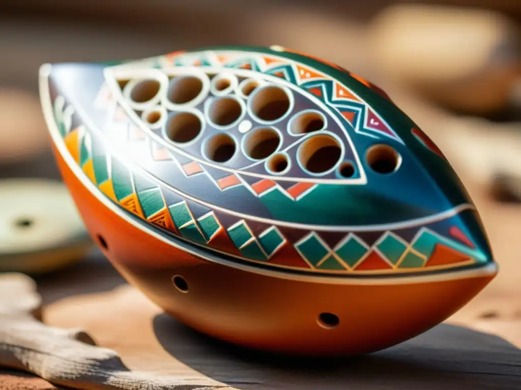 Detalles tallados en ocarina de barro, iluminados por luz suave, evocan la historia del ocarina en la cultura