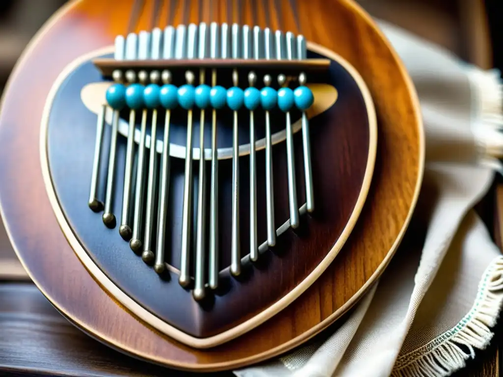 Detalles tallados a mano y adornos coloridos en un mbira africano, mostrando su origen y evolución con luz natural suave