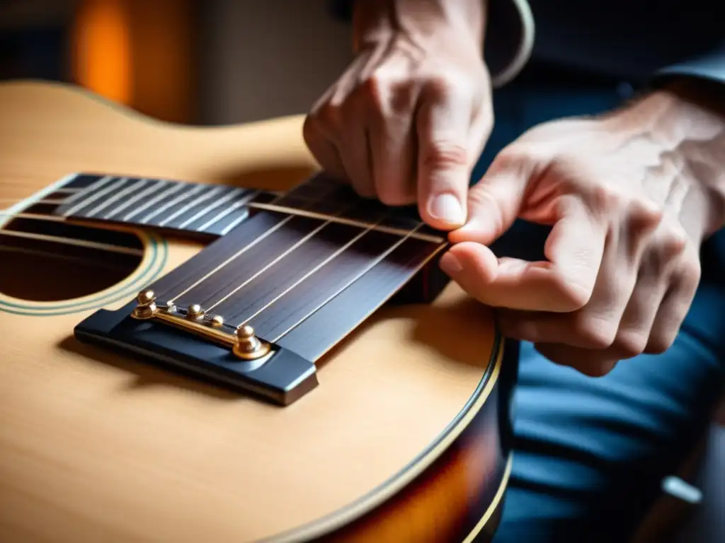 Maestría en guitarra: Técnica hammer-on en acción Detalles de la técnica martilleo guitarra acústica: manos habilidosas ejecutan un preciso martilleo en el diapasón, resaltando destreza y dedicación