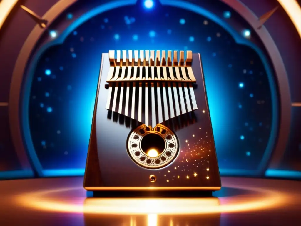 Detalles ultraprecisos de kalimba espacial en un entorno cósmico, evocando una atmósfera de experimentación sonora con kalimba espacial