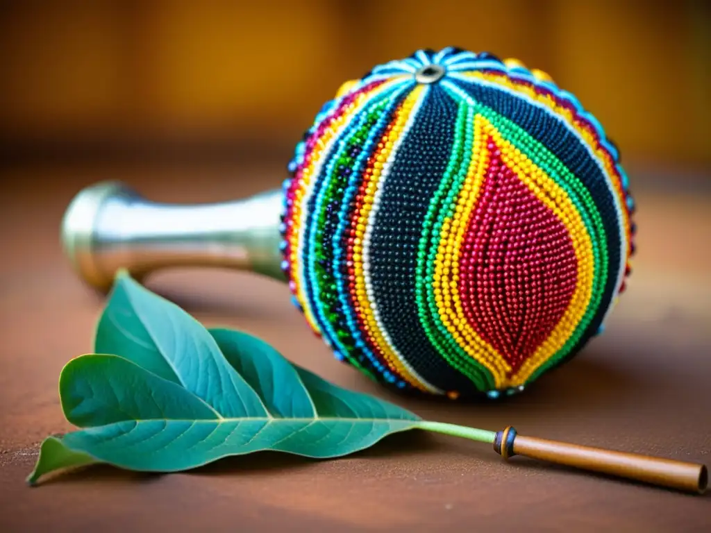 Detalles vibrantes del Chekere tradicional cubano, resaltando el origen y sonido del instrumento