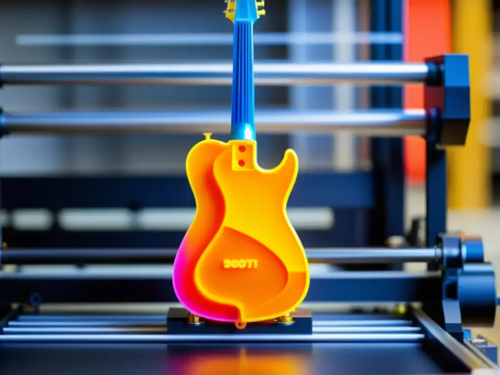 Detalles vibrantes de guitarra personalizada creada con impresión 3D, impactando instrumentos musicales