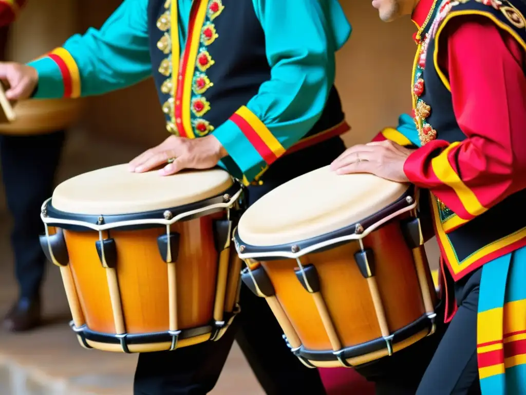 Detalles vibrantes del tamborileo en la zarzuela: manos hábiles, colores y ritmo tradicional