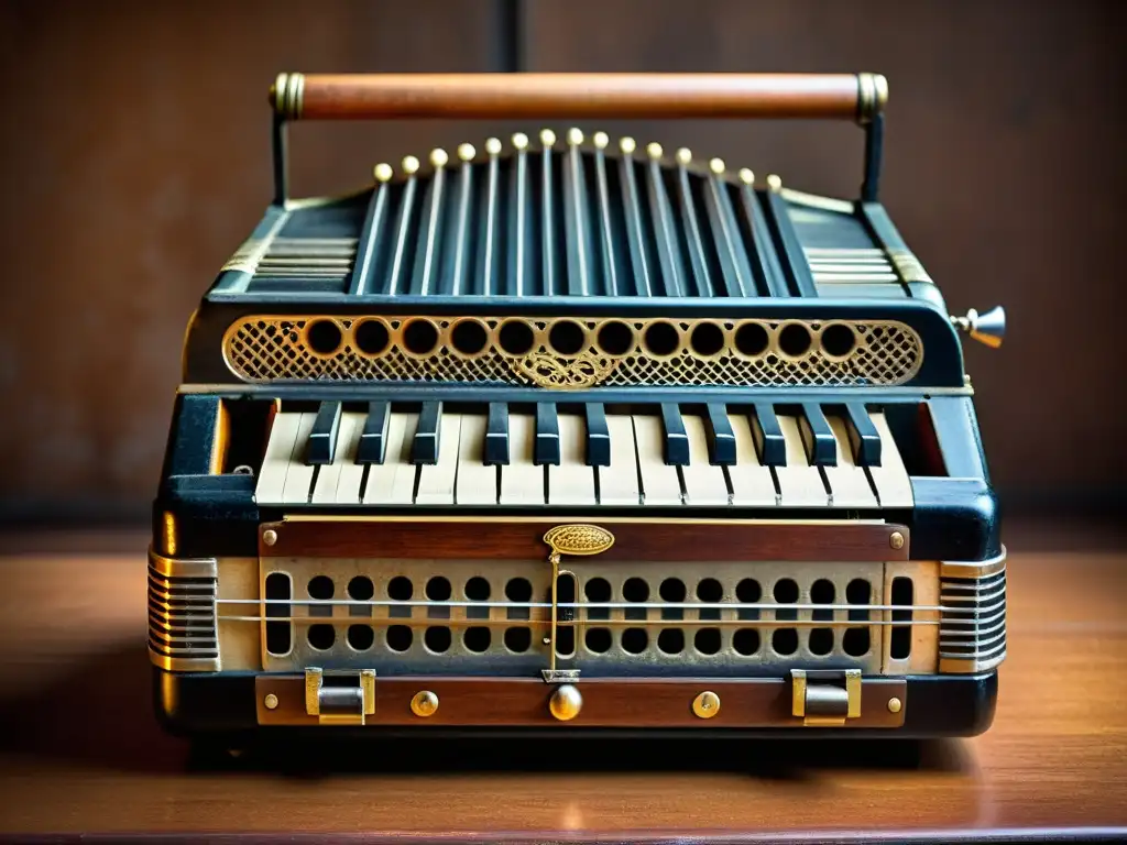 Una fotografía en sepia muestra los detalles de un viejo bandoneón, resaltando la importancia cultural del instrumento en el tango