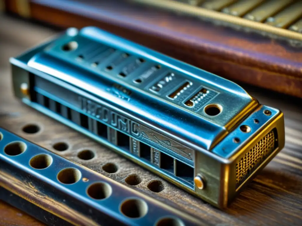 Armonía envejecida: Detalles vintage de una armónica indie Detalles vintage de una armónica con desgaste, iluminación suave