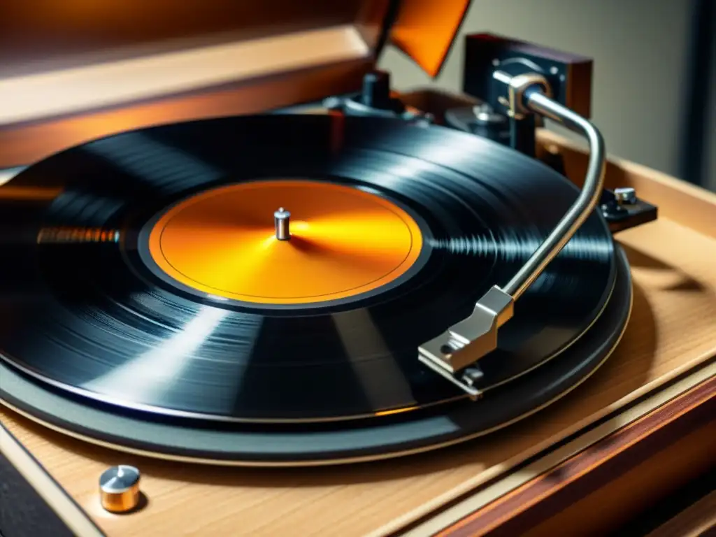 Detalles vintage de un tocadiscos antiguo con un vinilo girando, capturando la evolución tecnológica en la grabación musical